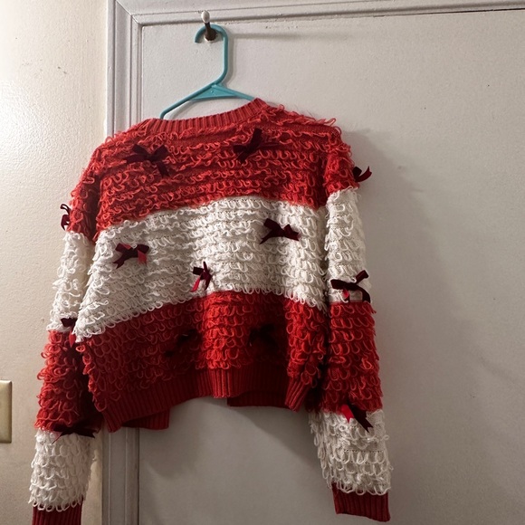 Mighty Fine Open
Front Coral and White
Striped Cardigan with Scarlet Bows, L - Picture 4 of 5